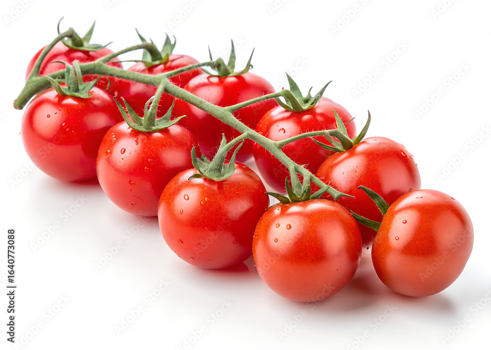 Fresh cluster of cherry tomatoes on white background Fresh cluster of cherry tomatoes on white background