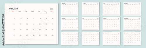 2026 Monthly calendar 12 months template on white background. Minimalist design layout calendar week starts on sunday. Use for New year, business, print.