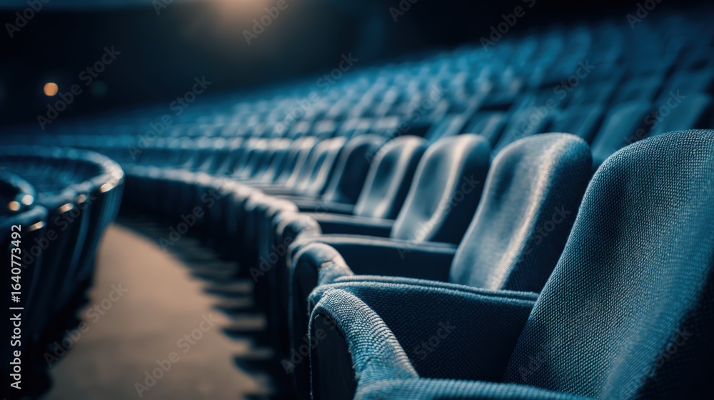 Fototapeta premium Rows of Empty Blue Seats in a Theater Auditorium, Cinematic Atmosphere with Dramatic Lighting