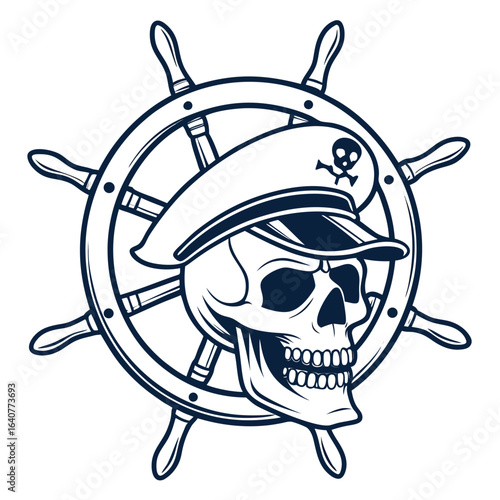 Monochrome vector illustration of a skull wearing a captain hat behind ships wheel