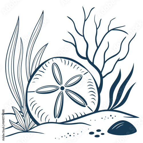 Simple illustration of a sand dollar underwater scene with sea plants