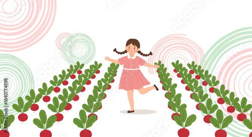 Happy Girl Enjoying Summer Day With Radish Plants In A Vegetables Garden