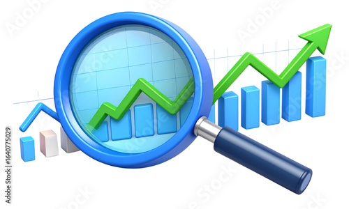 Magnifying glass bar chart green arrow blue graph financial growth business analysis data increase success upward trend positive statistics