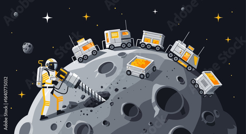 Futuristic lunar mining operation with astronaut and vehicles on the moon surface