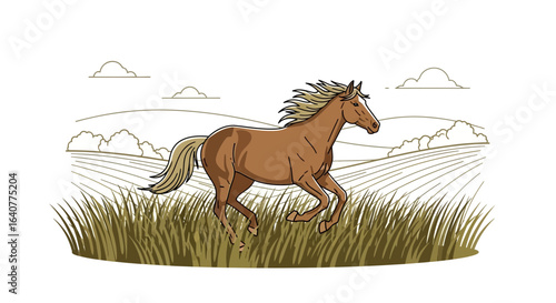 Galloping Grace: A Horse in Motion Across Countryside Fields Under a Peaceful Sky