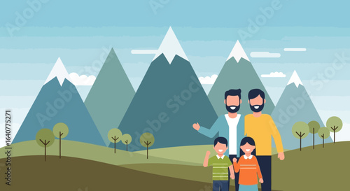 Gay Couple Enjoying Outdoors with Children Near Mountains and Minimalist Design