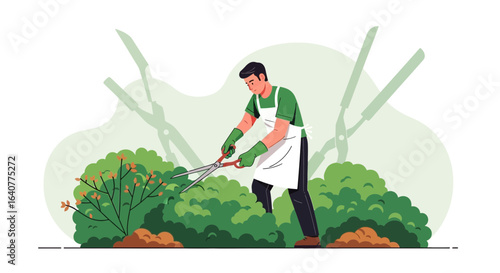 Gardener Trimming Bushes With Shears Outdoors Maintaining Garden Decorating Landscape