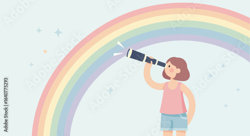 Illustration of a girl with telescope gazing at a colorful rainbow filled with wonder and dreams of the future