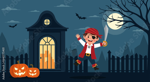 Happy Halloween Night with Pirate Boy Near Spooky House and Carved Pumpkins
