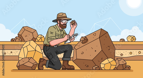 Geologist Inspecting Stone Samples And Taking Notes Outdoors Illustration