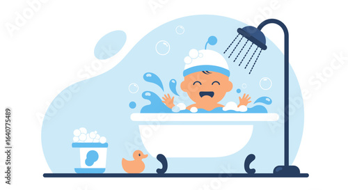 Happy Little Baby Having Fun Taking Bath With Foam and Rubber Duck