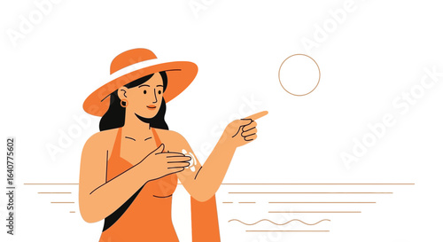 Girl Applies Sunscreen On The Beach Enjoying Summer Vacation And Good Weather