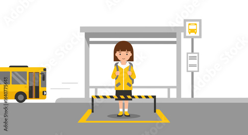 Girl Awaiting School Bus at Station for Commute Journey Vector Illustration