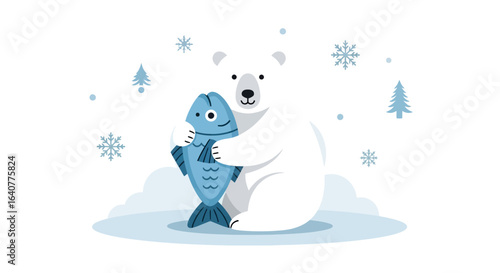 Happy Polar Bear Holding Blue Fish In Snowy Winter Season Graphic Design