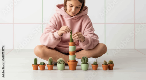 Girl Concentrating Stacking Cacti Plants Pots Minimalist Playful Indoor Scene