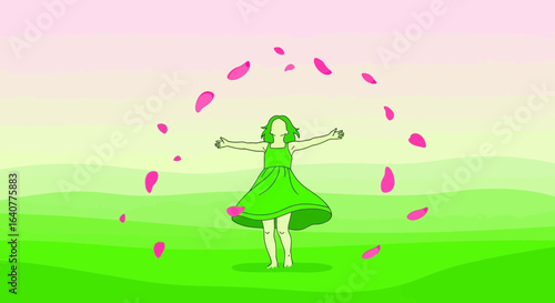 Girl Dancing Among Falling Petals In A Serene Landscape Illustration