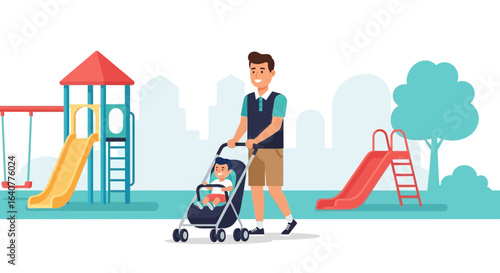 Illustration of father pushing his child in a stroller at the playground spending time together