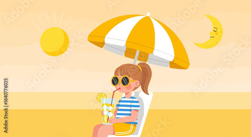 Girl enjoying a lemonade on the beach under an umbrella illustration style art