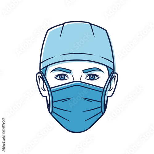 Close-up illustration of a healthcare worker's face, featuring blue eyes, a protective medical mask, and a surgical cap.