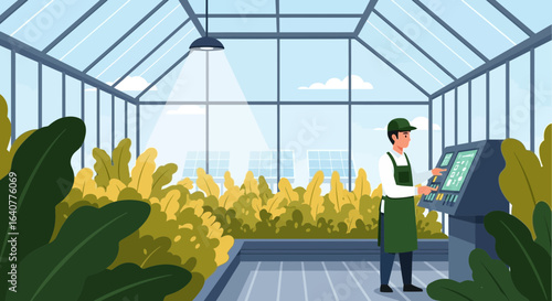 Illustration of a greenhouse with a worker using a control panel for plant management