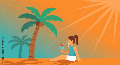 Girl Enjoying A Popsicle Underneath Palm Tree On Sunny Beach Scene