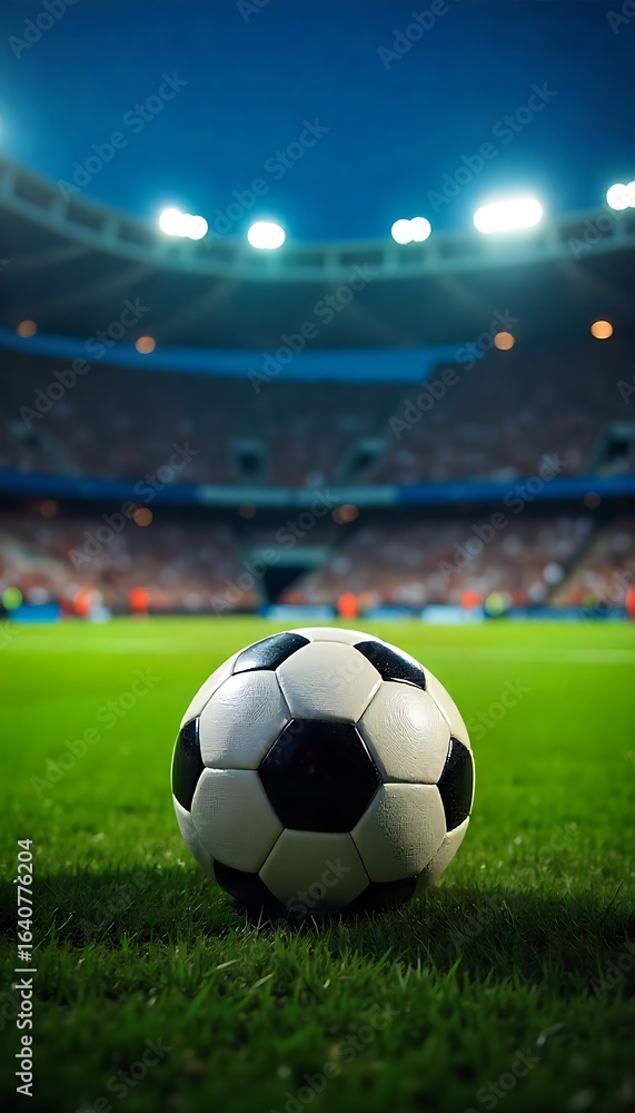 Fototapeta premium Generative AI Soccer Ball on Lush Green Field in Illuminated Stadium During Nighttime Game