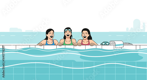 Happy Women Enjoying Summer Vacation Together In Swimming Pool Fun Time