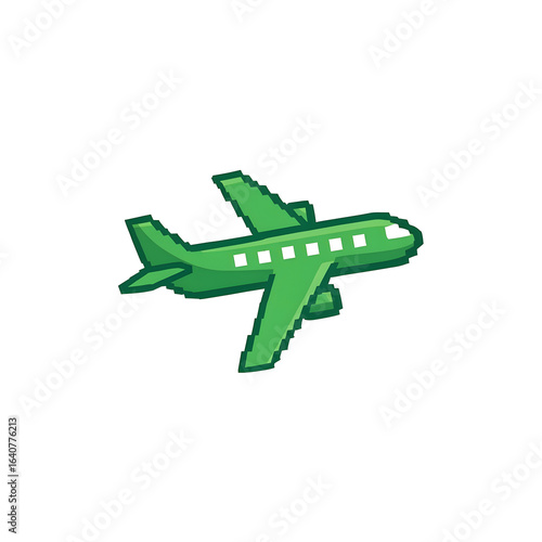 Pixelated green passenger airplane in a dynamic flying pose 8-bit video game style art.