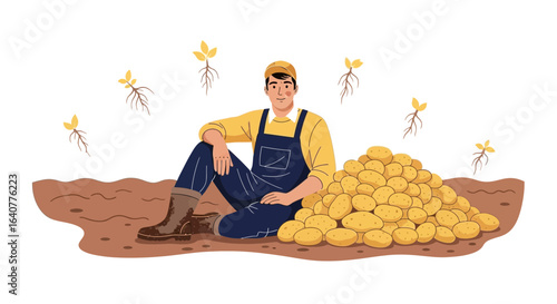 Illustration of a happy farmer sitting next to a potato harvest in a field representing agriculture and farming life