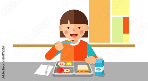 Illustration of a happy girl enjoying a balanced school lunch in a bright cheerful cafeteria with food tray and milk carton
