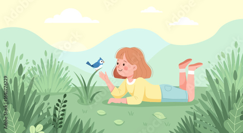Illustration of a happy girl lying on the grass, admiring a little bird in a peaceful meadow setting