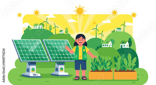 Illustration of a happy girl with solar panels and wind turbines, promoting eco-friendly energy and sustainability in a bright landscape