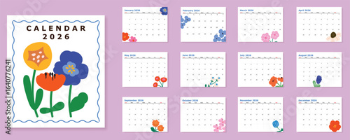 2026 Monthly calendar 12 months template with cute colorful flower on white background. Minimalist design layout calendar week starts on sunday. Use for New year, business, print.