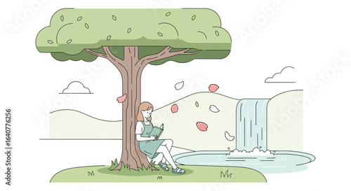 Girl Enjoying Reading Under Tree Next Waterfall In A Peaceful Nature Illustration