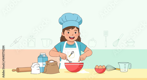 Illustration of a happy girl wearing a chef's hat mixing ingredients for baking cheerfully in a kitchen setup