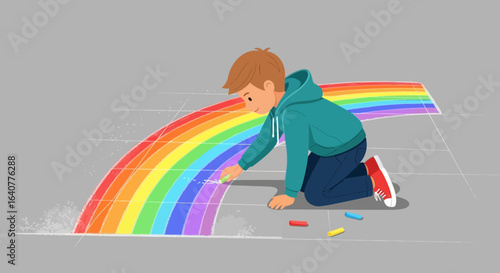 Illustration of a happy young boy drawing a vibrant rainbow with chalk on pavement artwork creation and imagination expression