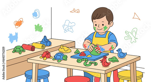 Illustration of a happy little boy enjoying art and craft session with clay modeling at home or in kindergarten class