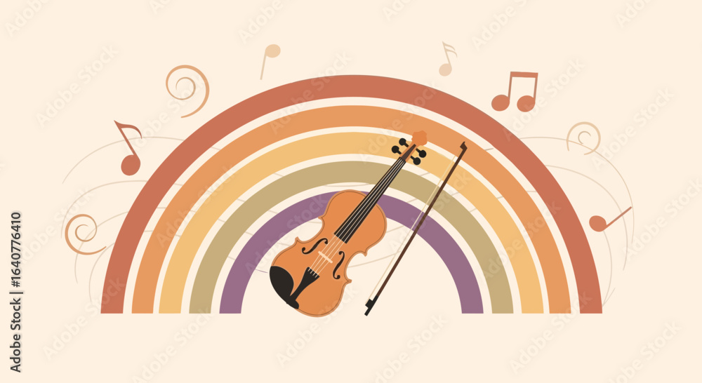 Fototapeta premium Harmonic hues: A whimsical violin illustration under a muted rainbow with musical notes
