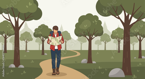 Illustration of a hiker navigating a forest path using a map on a misty day