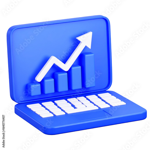 Blue laptop with white keyboard and upward arrow graph, symbolizing business growth, financial success, and positive data analysis, isolated on transparency background