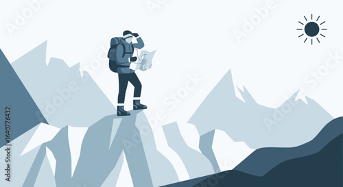 Illustration of a hiker on a mountain peak consulting a map under a sunny sky landscape outdoor adventure and journey