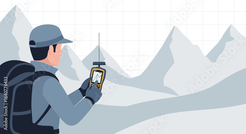 Illustration of a hiker navigating a mountain landscape with a handheld GPS device showing location and progress