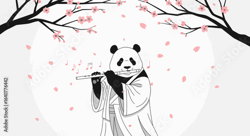Harmonious Panda Serenade Under Blooming Cherry Trees, A Traditional Composition