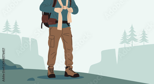 Illustration of a hiker pausing to tie a scarf against a backdrop of pine trees and rocky cliffs