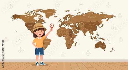 Girl Exploring World Map with Location Pin Points Adventure and Discovery