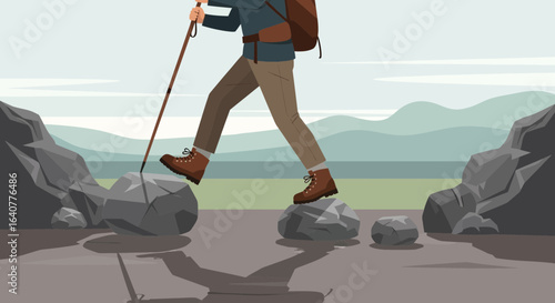 Illustration of a hiker traversing a rocky path during a scenic outdoor adventure