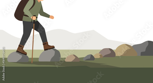 Illustration of a hiker with a backpack crossing a rocky path in the mountains with a walking stick