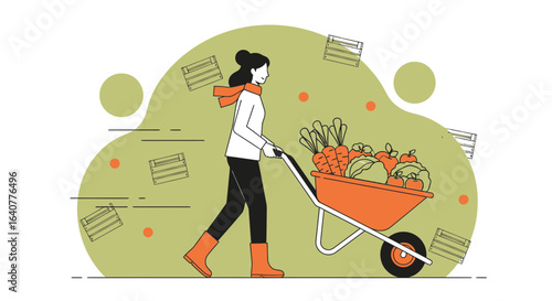 Harvest season illustration featuring a woman pushing a wheelbarrow full of vegetables showcasing farm fresh produce and autumn harvesting