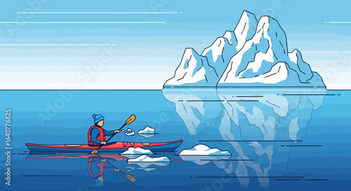 Illustration of a kayaker paddling near a large iceberg in a cold arctic ocean scene