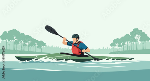 Illustration of a kayaker paddling on a river surrounded by a scenic forest environment
